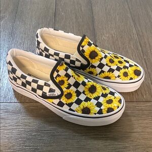 Vans Customs Black and White with Yellow Sunflower Checkerboard Sneakers (78)